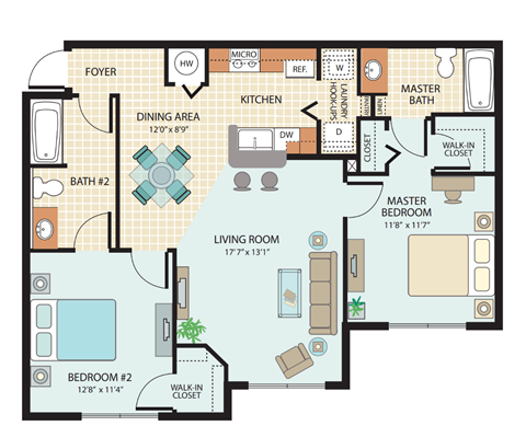 Two-Bedroom Floor Plan at Kensington Gardens Affordable Apartments in Riverview FL